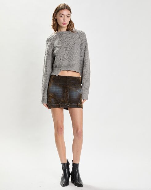 Pull 100% Laine Knitted Cable Patchwork Jumper gris clair