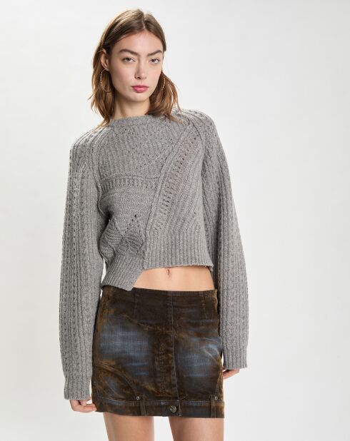 Pull 100% Laine Knitted Cable Patchwork Jumper gris clair