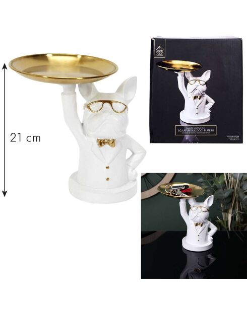 Statue Bulldog vide poche  blanc/doré/gris - 18x21x21 cm