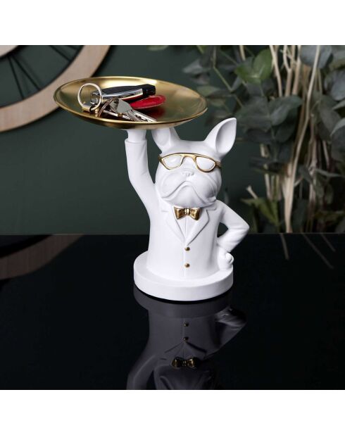 Statue Bulldog vide poche  blanc/doré/gris - 18x21x21 cm