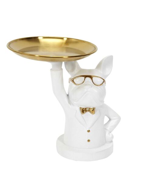 Statue Bulldog vide poche  blanc/doré/gris - 18x21x21 cm