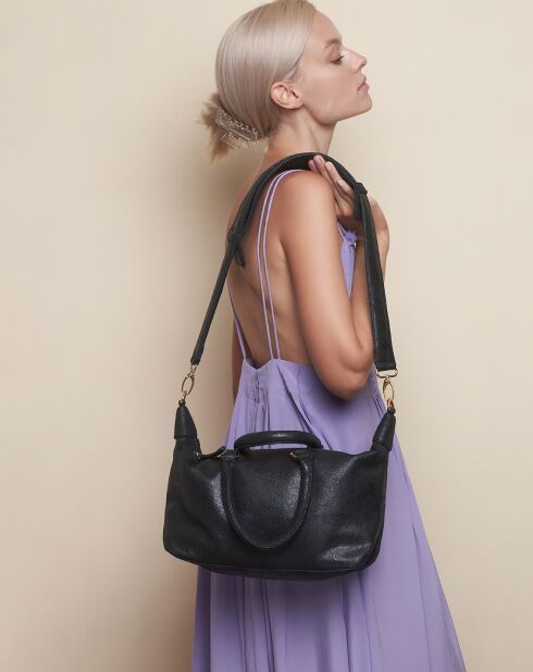 Borsa Ariel in pelle nera crack - 45x23 cm