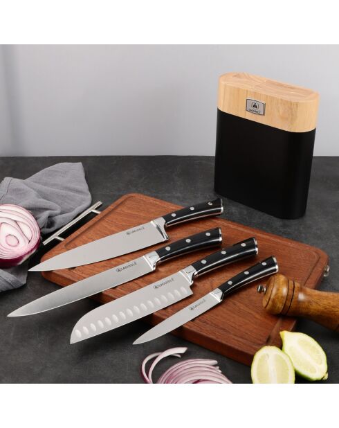 Bloc + 4 Couteaux 'LustroBois' noir - 22.5x8.6x37 cm