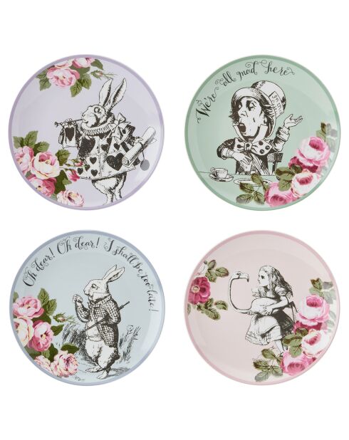 4 veelkleurige Alice in Wonderland keramische dessertborden - D.21 cm