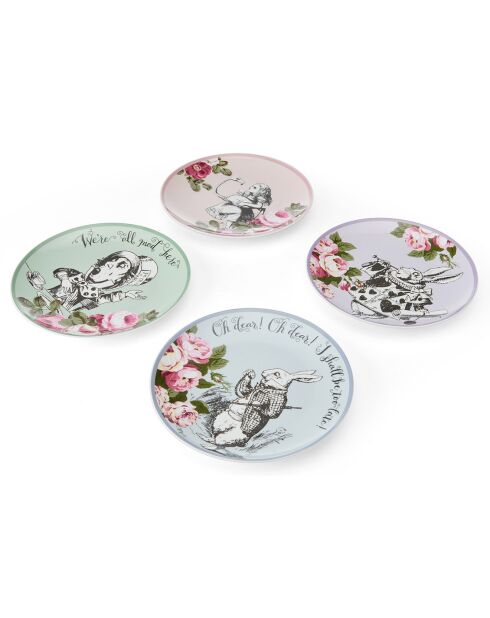 4 veelkleurige Alice in Wonderland keramische dessertborden - D.21 cm