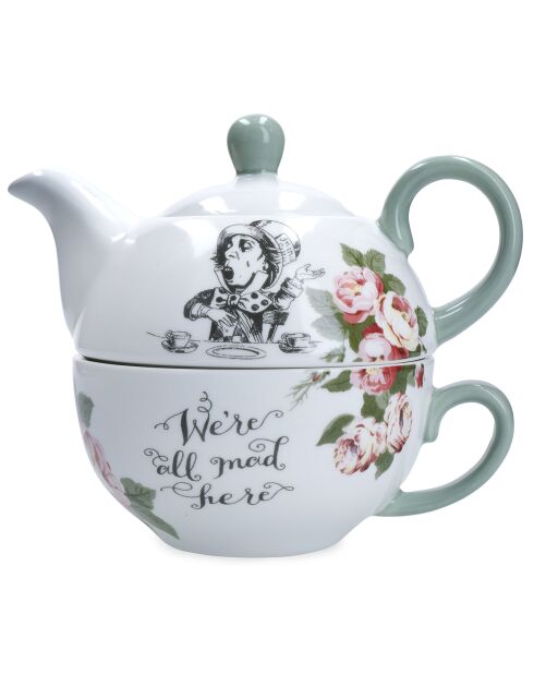 Teiera e tazza impilabili in ceramica bianca Alice nel Paese delle Meraviglie