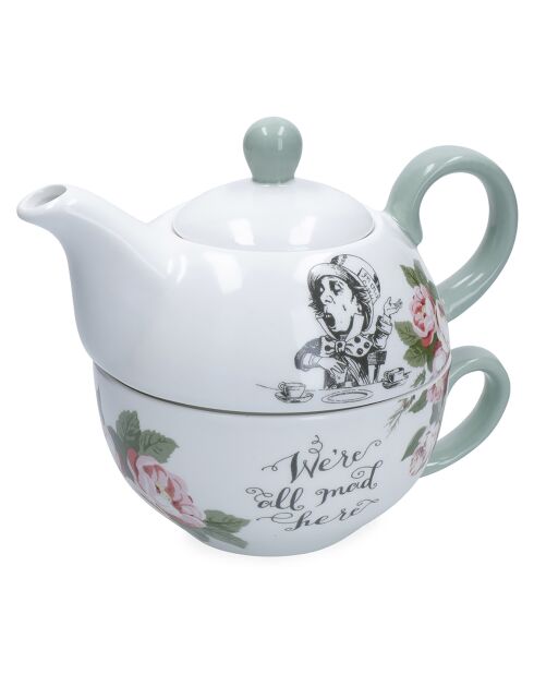 Teiera e tazza impilabili in ceramica bianca Alice nel Paese delle Meraviglie