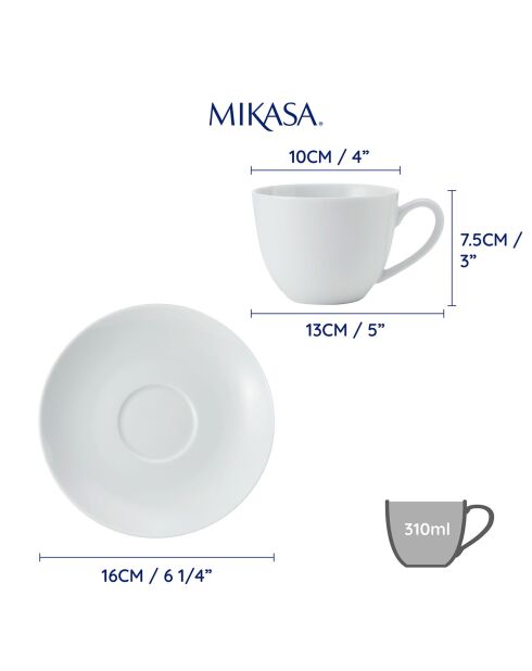Mikasa Chalk Tassen und Untertassen aus weißem Porzellan, D.16 cm, 2 Stück