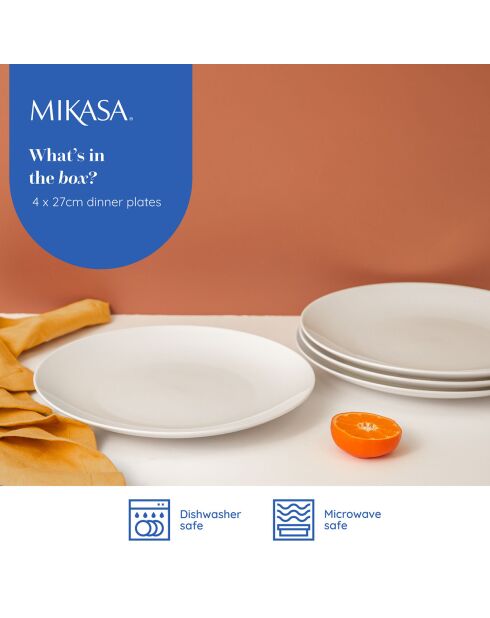 4 Assiettes plates en Porcelaine Mikasa Chalk blanches -  D.27 cm