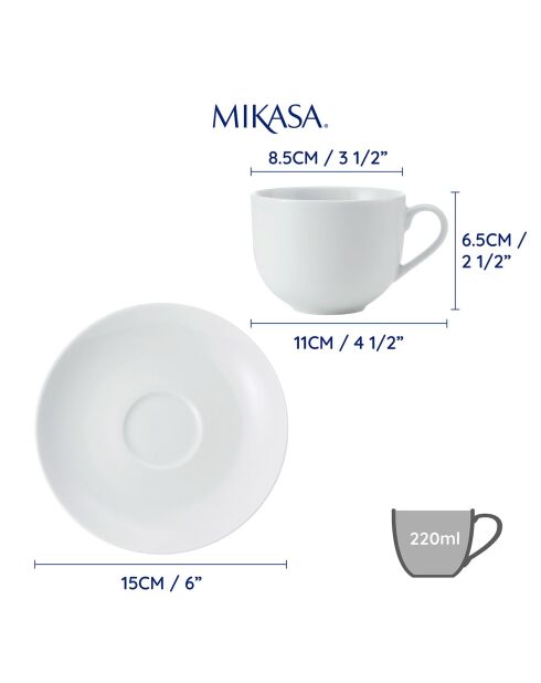 Mikasa Chalk Teetassen und Untertassen aus weißem Porzellan, 220 ml, 2 Stück