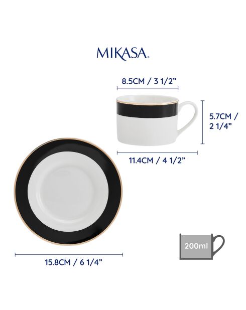 2 Tasses à thé et soucoupes Mikasa Luxe noir/blanc -  200 ml