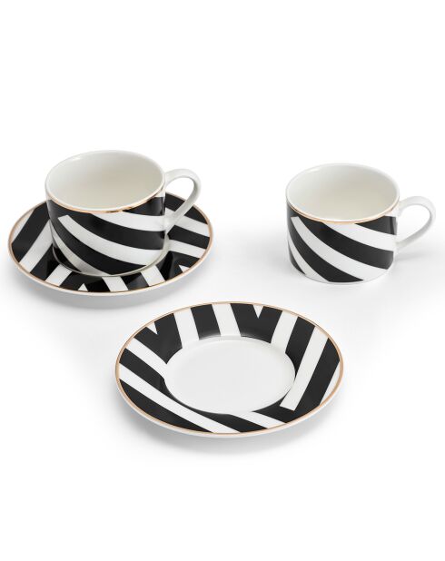 2 Tasses à thé et soucoupes Mikasa Luxe noir/blanc -  200 ml