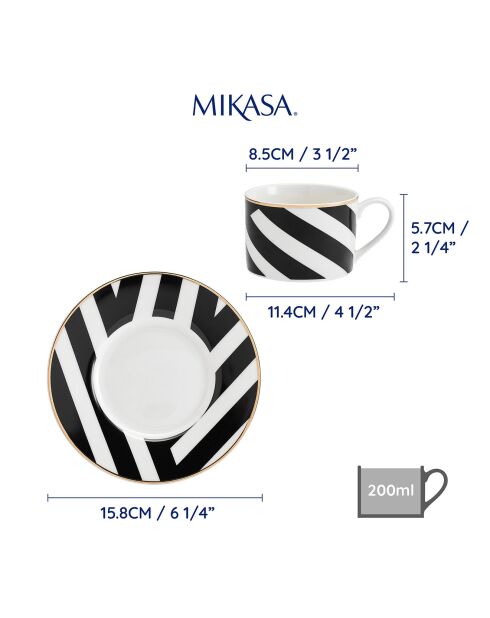 2 Tasses à thé et soucoupes Mikasa Luxe noir/blanc -  200 ml