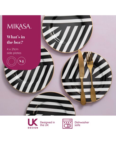 4 Assiettes plates Mikasa Luxe noir/blanc - D.21 cm