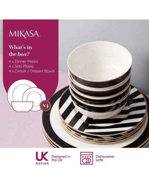 Service de table en Porcelaine Mikasa Luxe noir/blanc - 12 Pièces