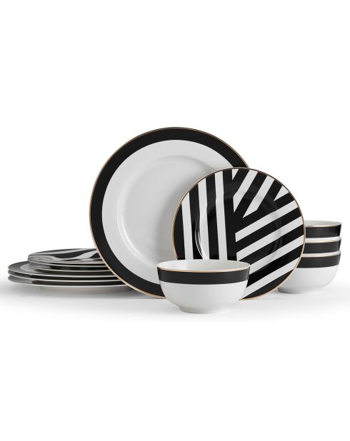 Service de table en Porcelaine Mikasa Luxe noir/blanc - 12 Pièces