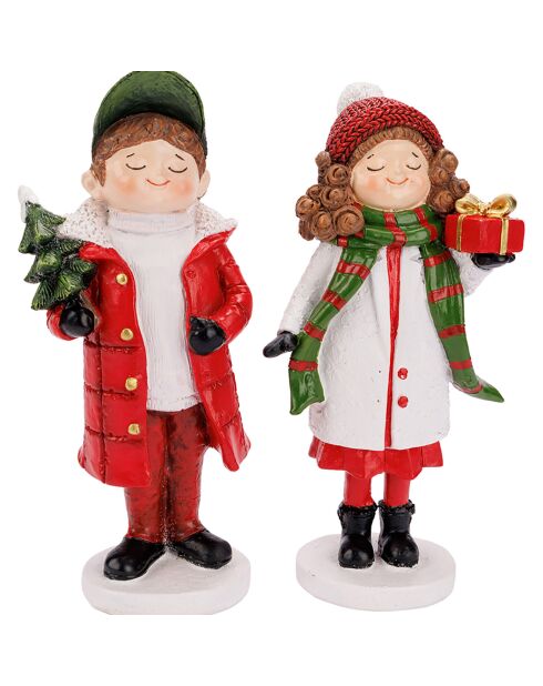 2 figurines Enfant rouge/blanc - 9x7x20 cm