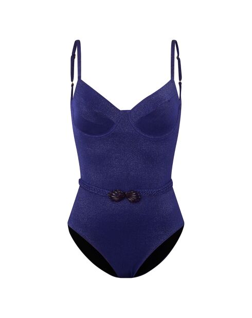Traje de baño de una pieza con cinturón de concha azul