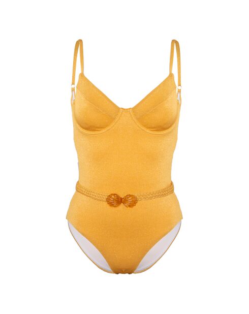 Traje de baño de una pieza con cinturón de concha amarillo