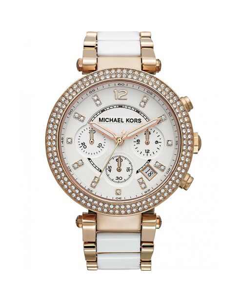 Montre Chronographe Femme en Acier rose doré/blanc