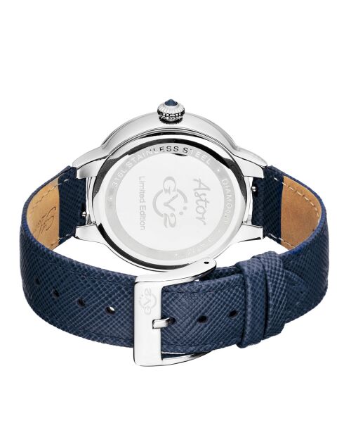 Montre Quartz Femme Astor en Cuir & Diamants 0.25 ct bleue