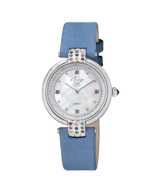 Montre Quartz Femme Matera en Velours de Cuir & Diamants 0.04 ct bleu clair