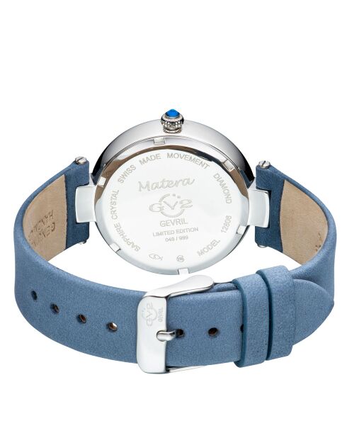 Montre Quartz Femme Matera en Velours de Cuir & Diamants 0.04 ct bleu clair