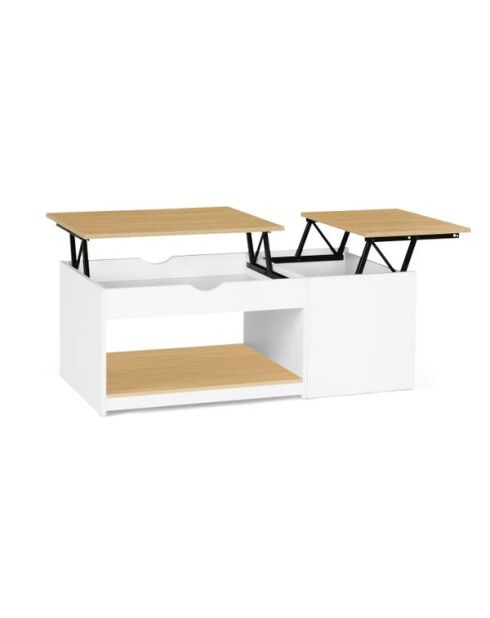 Table basse Elina avec double plateau relevable et coffre latéral blanc et bois L110cm