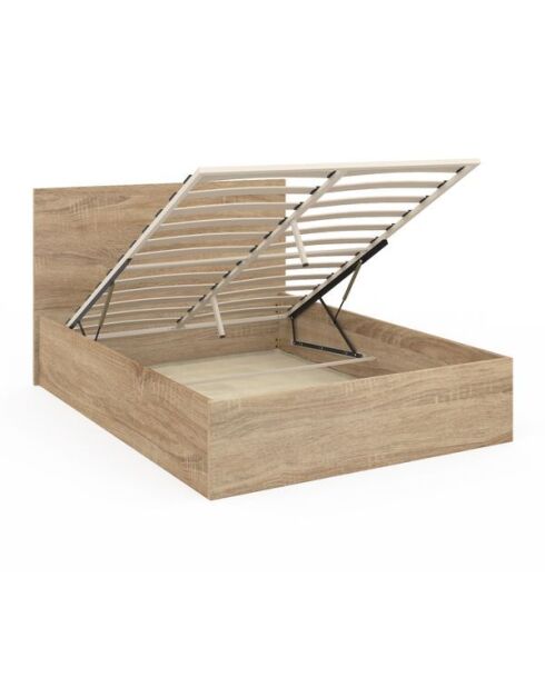 Lit coffre Sicilia avec sommier et tête de lit effet bois 140x190cm