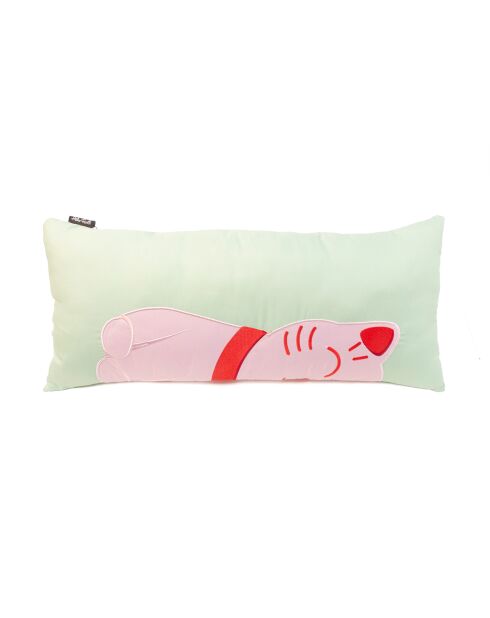 Coussin chat porte-bonheur vert/rose - 60x10x25 cm