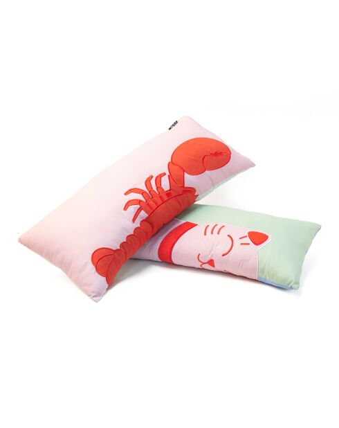 Coussin chat porte-bonheur vert/rose - 60x10x25 cm