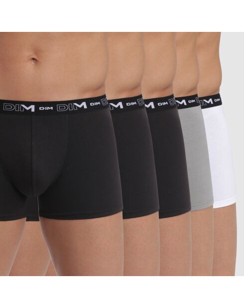 5 Boxers Coton Stretch blanc/gris/noir