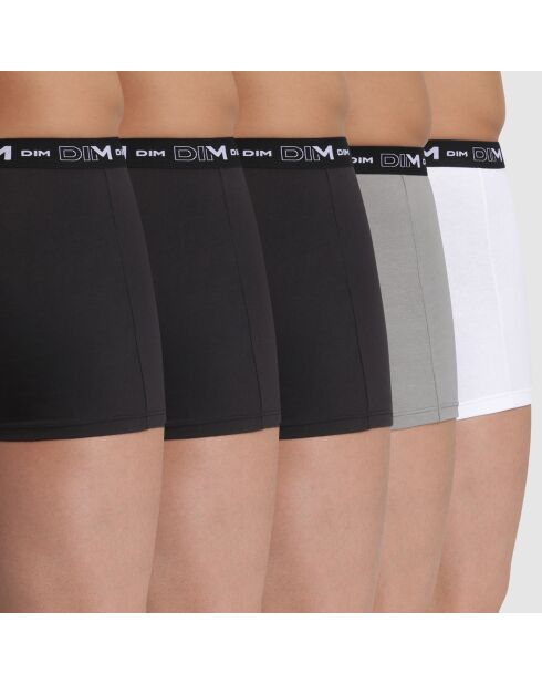 5 Boxers Coton Stretch blanc/gris/noir