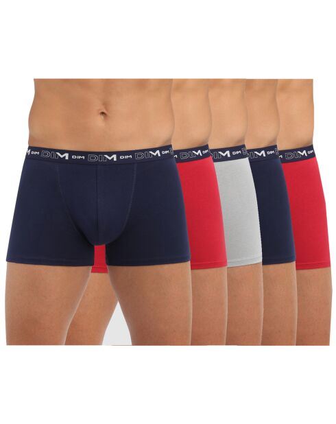 5 Boxers Coton Stretch bleu/gris/rouge