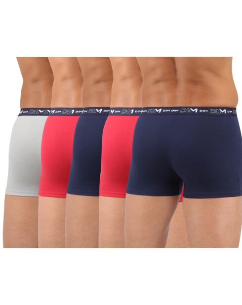 5 Boxers Coton Stretch bleu/gris/rouge