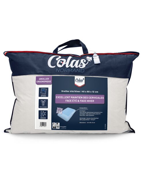 Oreiller ergonomique Viscoelastique Eté Hiver beige/bleu - 60x40 cm