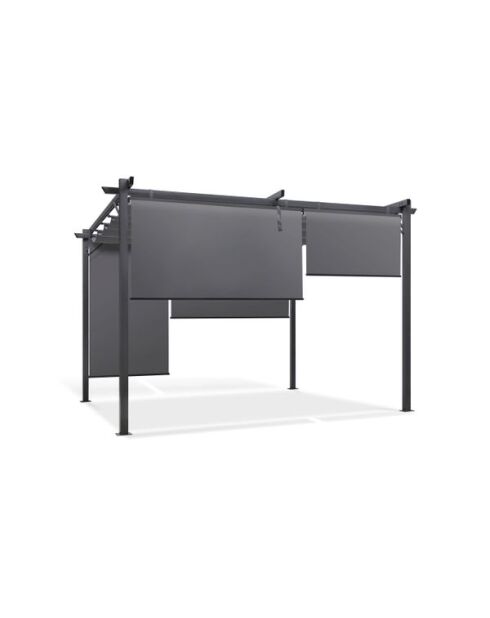 Pérgola Marina de acero con techo retráctil y 4 persianas grises de 3x4m