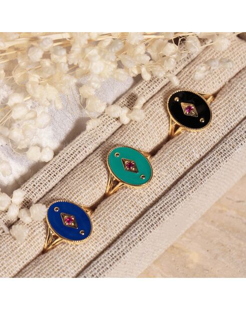 Bague ajustable Indie en Laiton doré, Email & Zircone