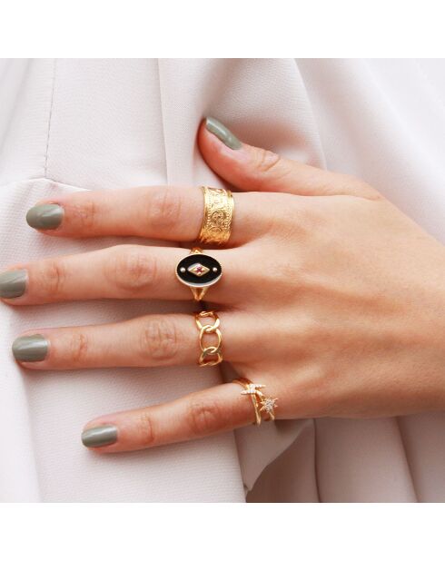 Bague ajustable Indie en Laiton doré, Email & Zircone