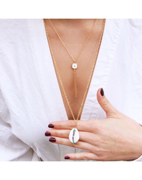 Collier Pompon Belize en Laiton doré, Résine & Zircone
