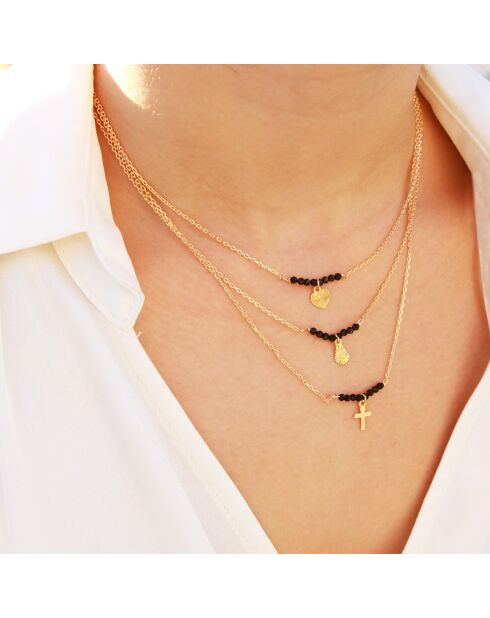 Collier Elena Croix en Laiton doré & Agate noire