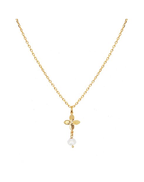 Collier Fleur en Laiton doré & Perle d'eau douce