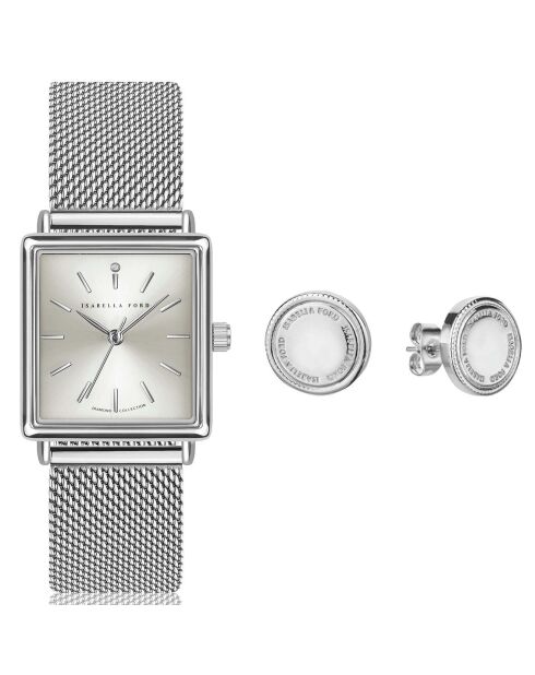 Montre Morgane en Acier & Diamant + Boucles d'oreilles argentées