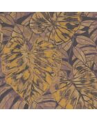 Papier peint Panama Feuilles Jaune Curry/Prune - 53 x 1005 cm