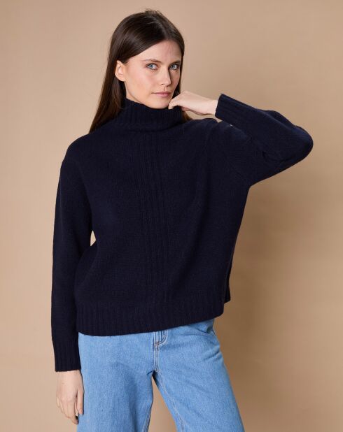Pull en Laine & Cachemire Ambre col montant 4 côtes bleu marine