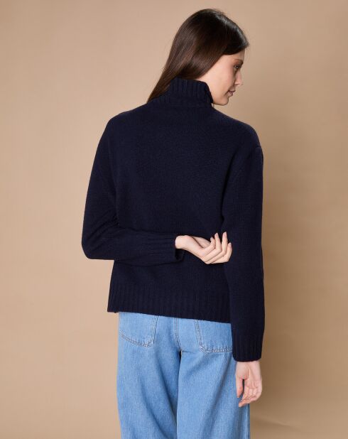 Pull en Laine & Cachemire Ambre col montant 4 côtes bleu marine