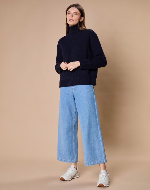 Pull en Laine & Cachemire Ambre col montant 4 côtes bleu marine