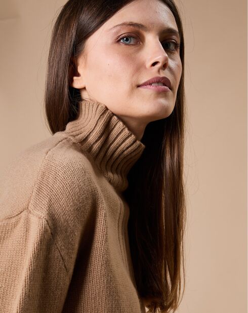 Pull en Laine & Cachemire Ambre col montant 4 côtes camel