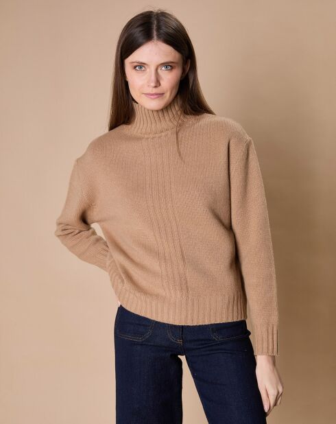 Pull en Laine & Cachemire Ambre col montant 4 côtes camel