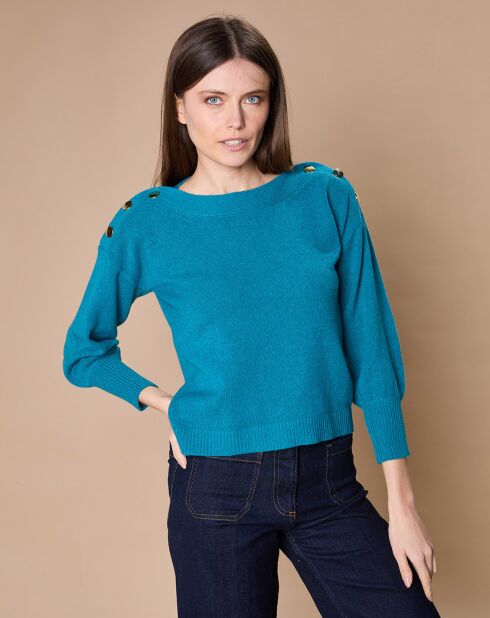 Pull 100% Cachemire 4 fils Jane col bateau bleu paon